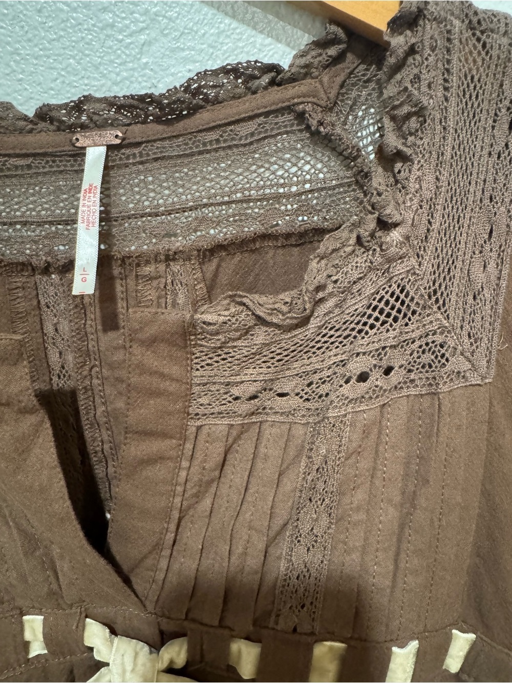 Free People Boho Peasant Tunic Dress with Contrast Ribbon Tie - Brown & Cream - Picture 3 of 7